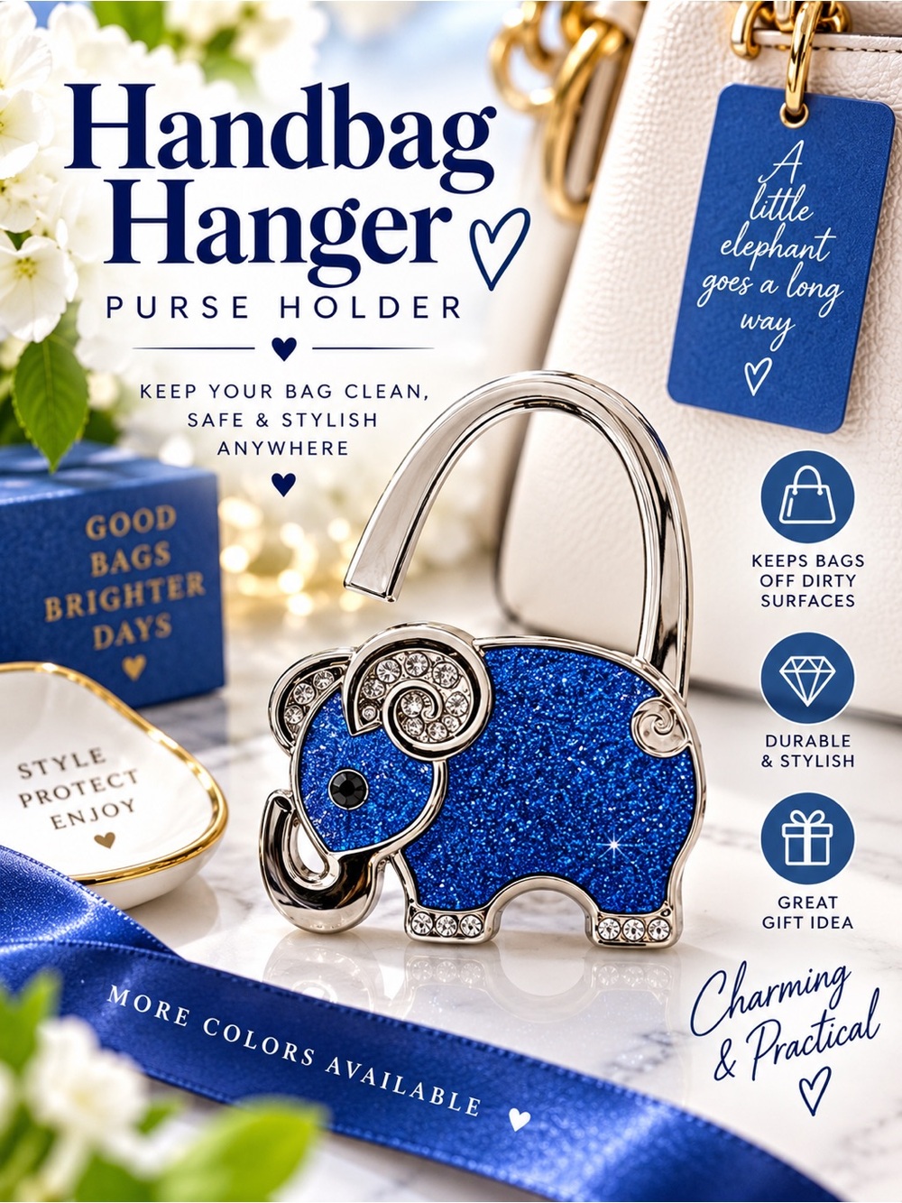 Handbag Hanger - Purse Holder Sparkling BLUE Elephant Bag Hook Bag Protector.